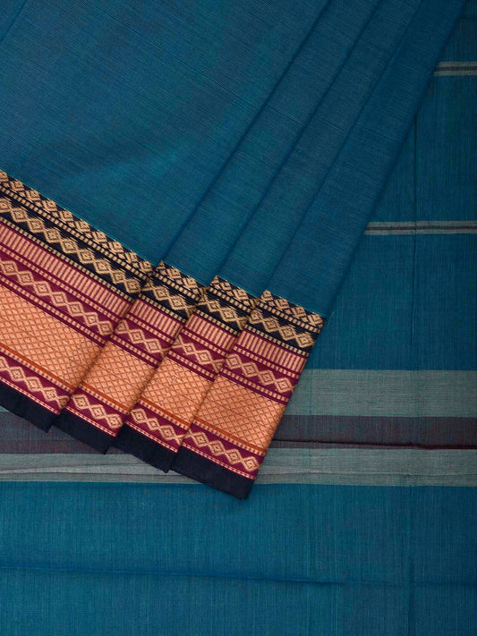 Blue Kanchipuram Cotton Plain Saree with Strips Pallu and Border Design k0941