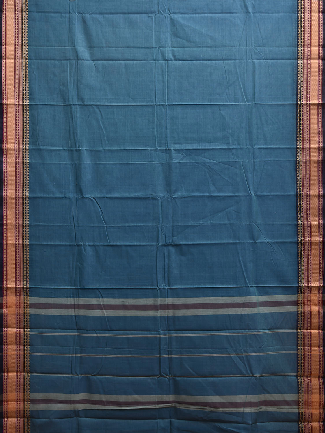 Blue Kanchipuram Cotton Plain Saree with Strips Pallu and Border Design k0941