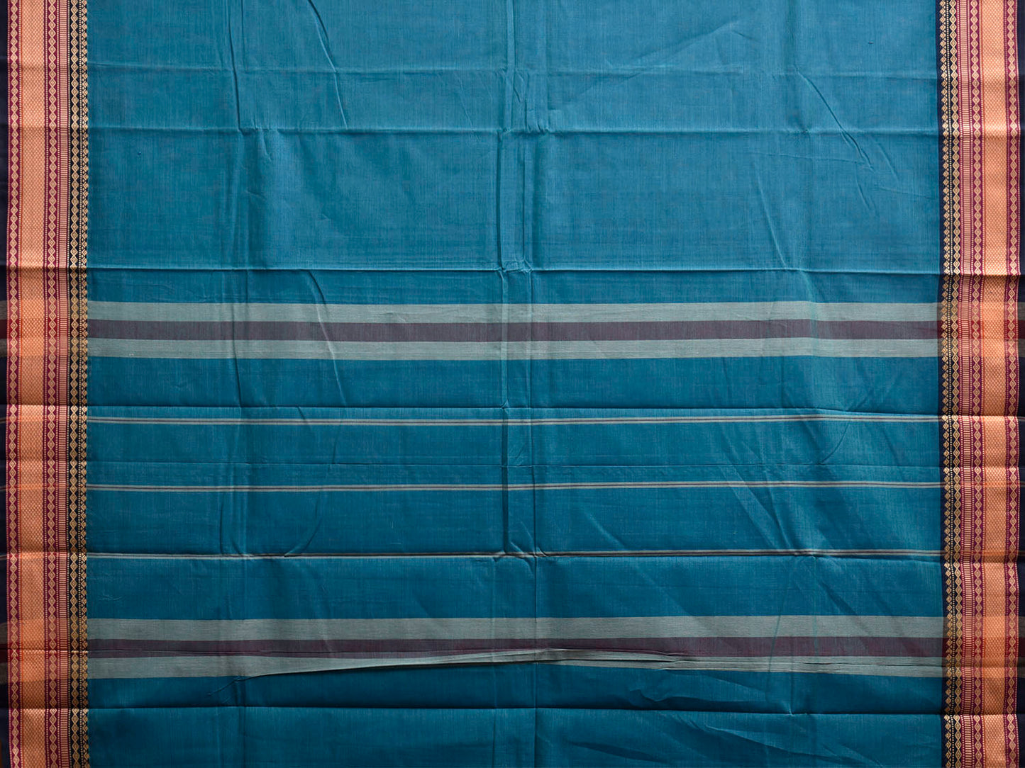 Blue Kanchipuram Cotton Plain Saree with Strips Pallu and Border Design k0941