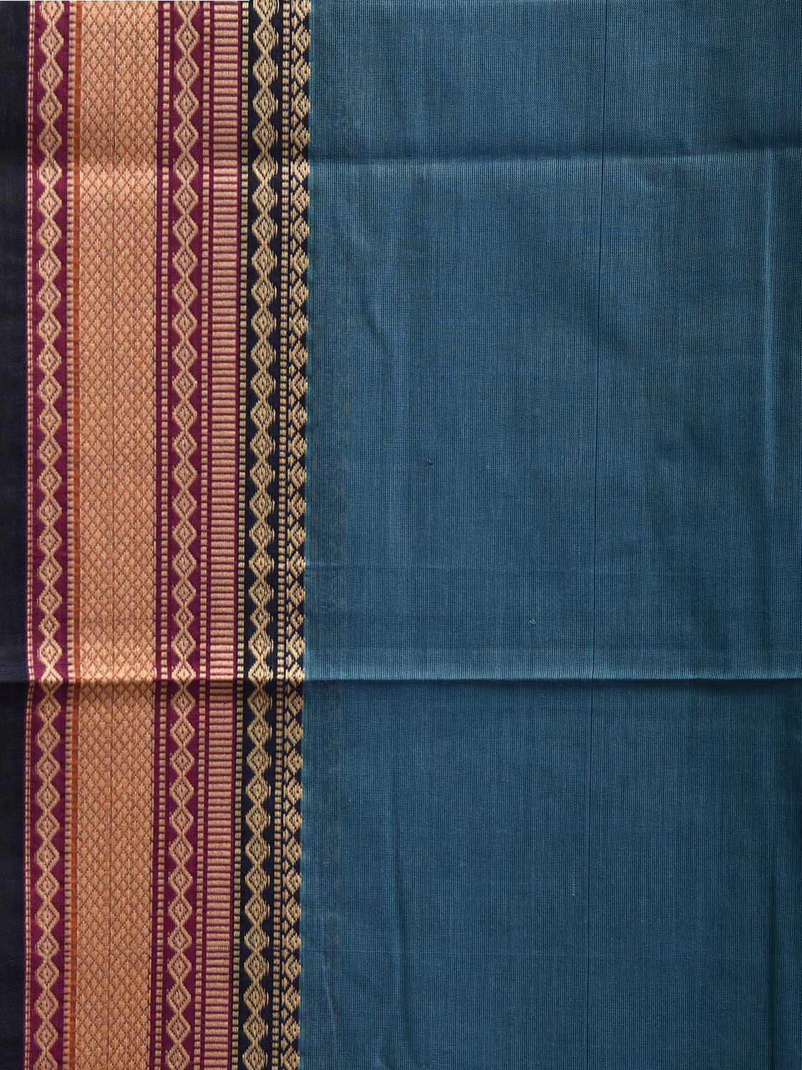 Blue Kanchipuram Cotton Plain Saree with Strips Pallu and Border Design k0941