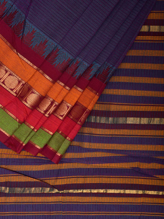 Indigo Kanchipuram Cotton Saree with One Side Big Temple Border k0942