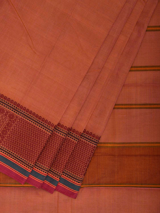 Light Rust Kanchipuram Cotton Plain Saree with Strips Pallu and Border Design k0943