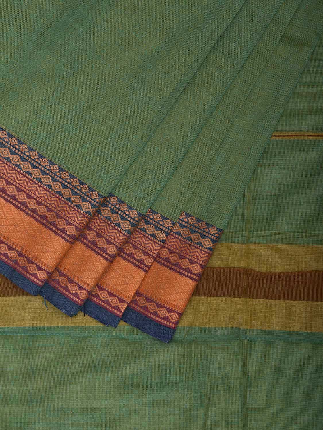 Light Green Kanchipuram Cotton Plain Saree with Strips Pallu and Border Design k0944