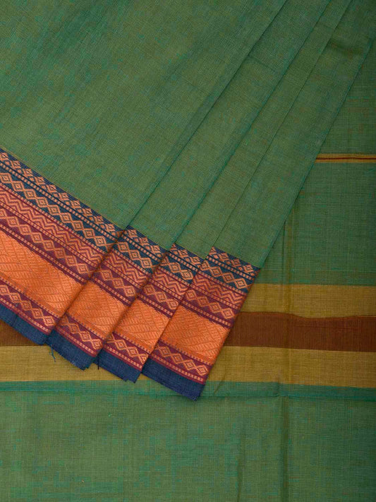 Light Green Kanchipuram Cotton Plain Saree with Strips Pallu and Border Design k0944