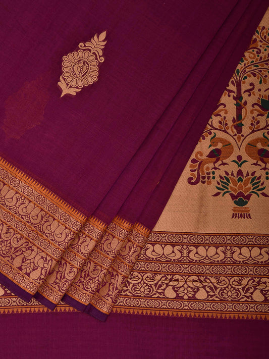 Purple Kanchipuram Cotton Saree with Buta and Peacocks Pallu Design k0945