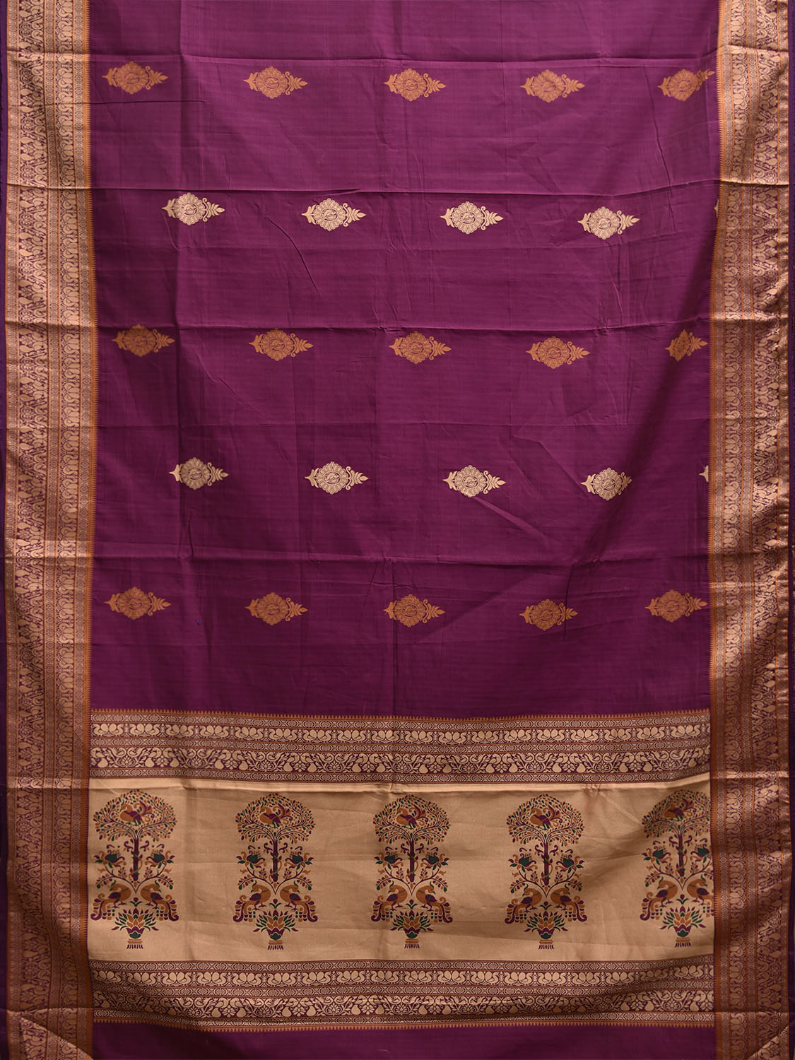 Purple Kanchipuram Cotton Saree with Buta and Peacocks Pallu Design k0945