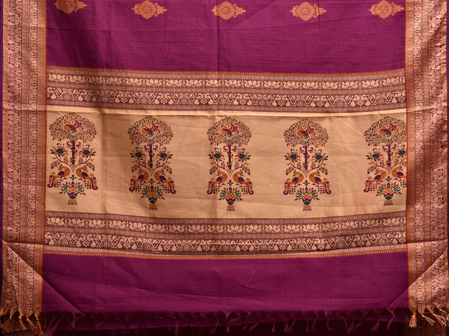 Purple Kanchipuram Cotton Saree with Buta and Peacocks Pallu Design k0945