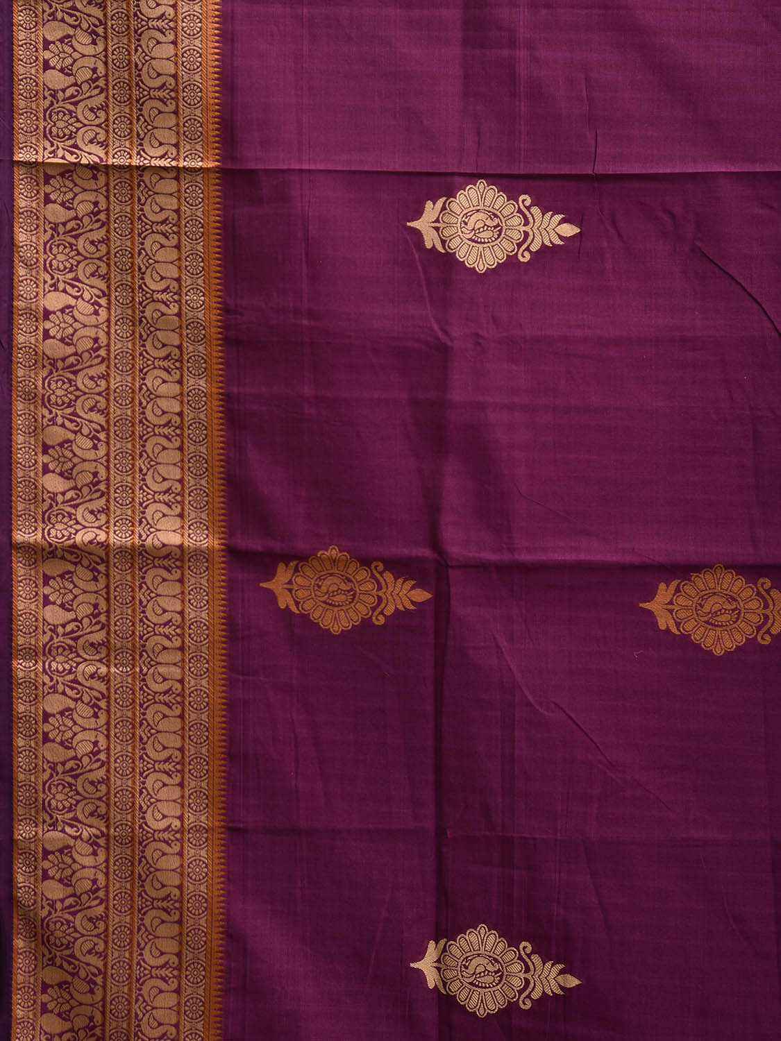 Purple Kanchipuram Cotton Saree with Buta and Peacocks Pallu Design k0945