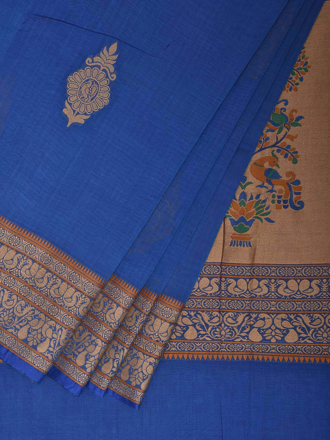 Blue Kanchipuram Cotton Saree with Buta and Peacocks Pallu Design k0946