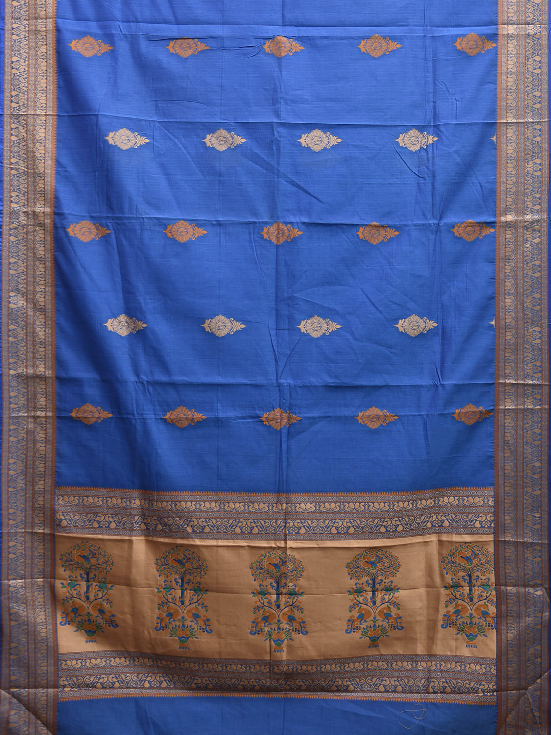 Blue Kanchipuram Cotton Saree with Buta and Peacocks Pallu Design k0946