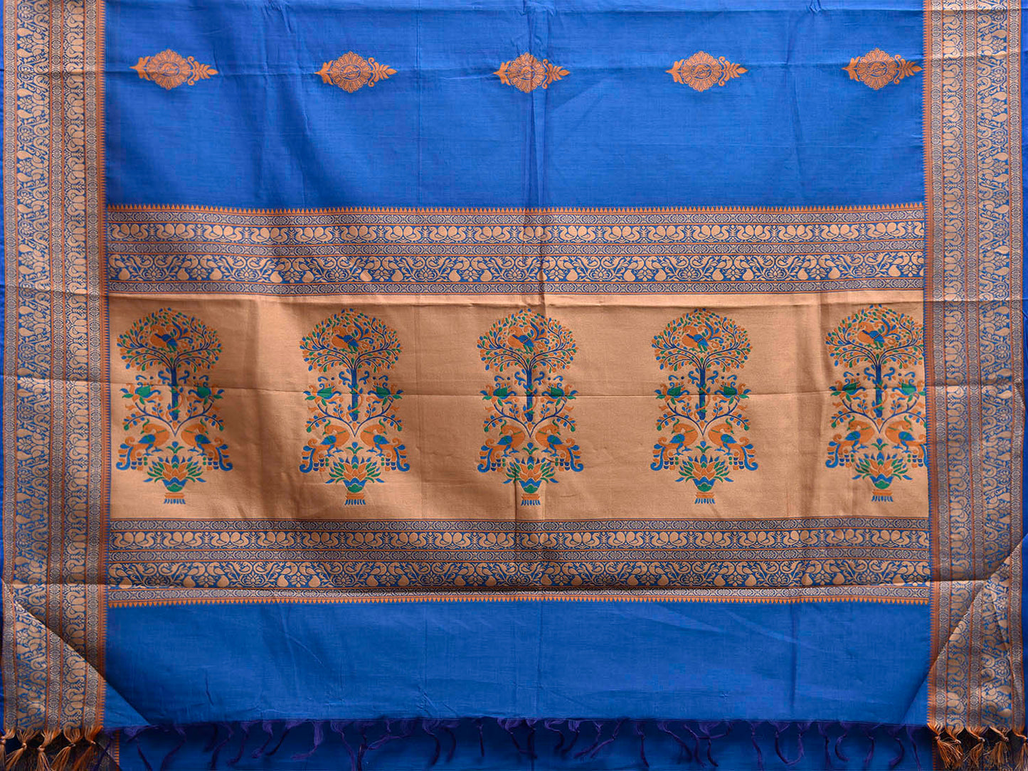 Blue Kanchipuram Cotton Saree with Buta and Peacocks Pallu Design k0946