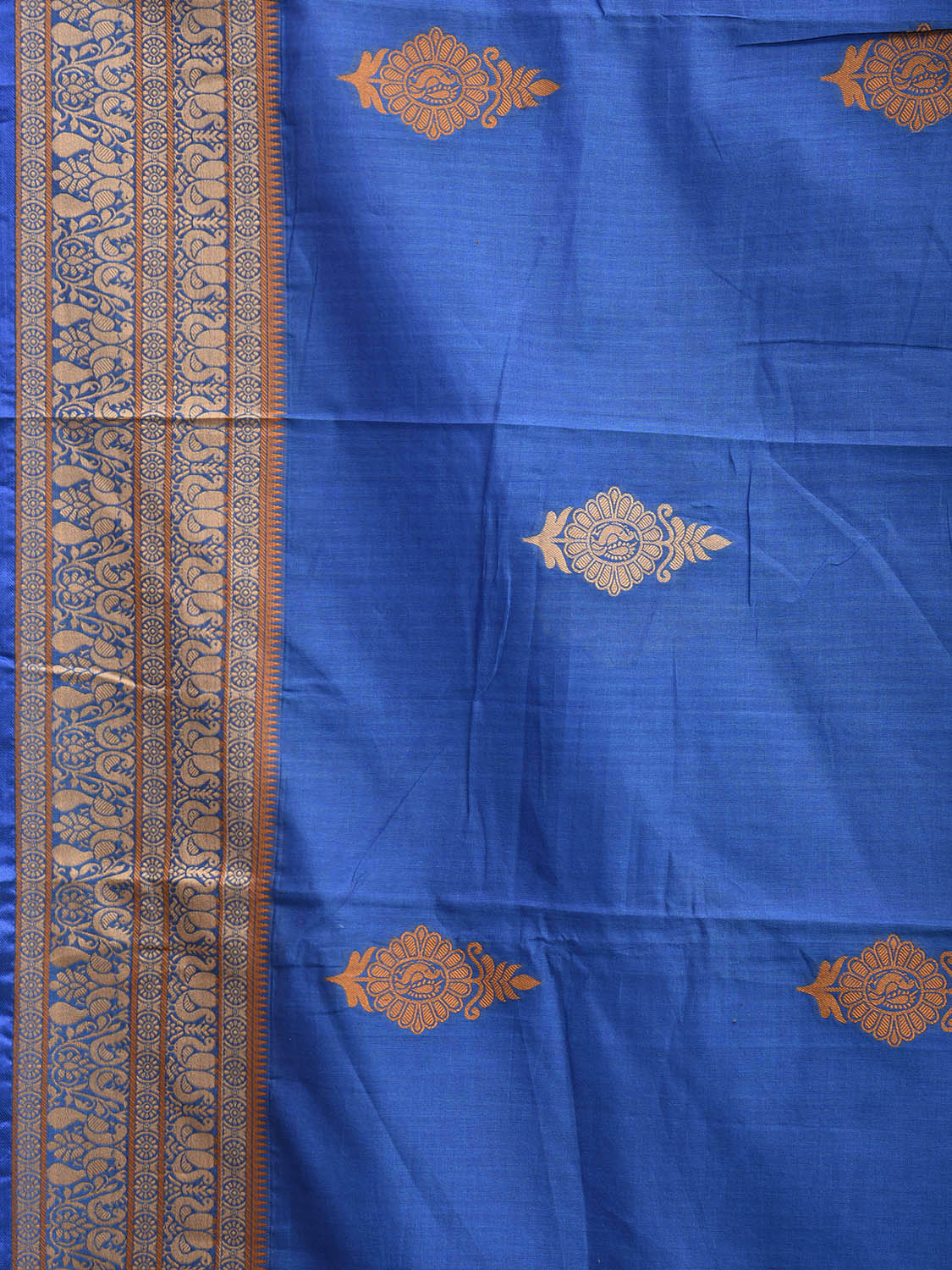 Blue Kanchipuram Cotton Saree with Buta and Peacocks Pallu Design k0946