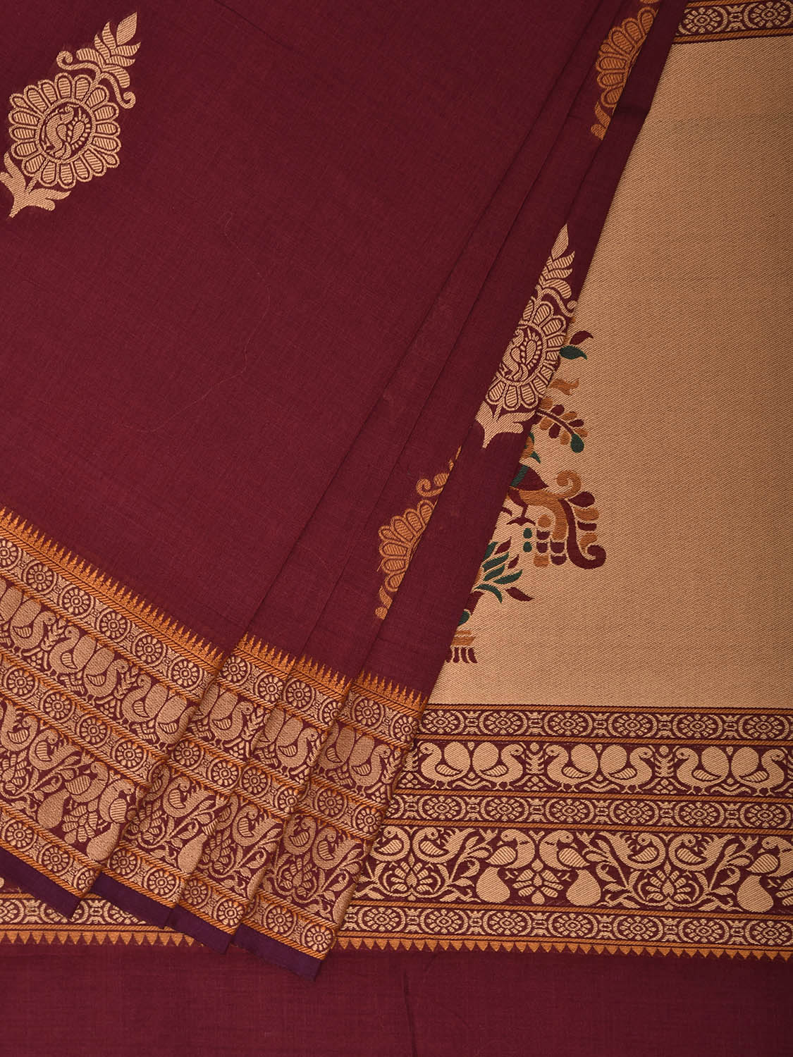 Maroon Kanchipuram Cotton Saree with Buta and Peacocks Pallu Design k0947