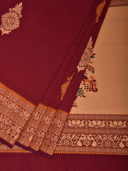 Maroon Kanchipuram Cotton Saree with Buta and Peacocks Pallu Design k0947