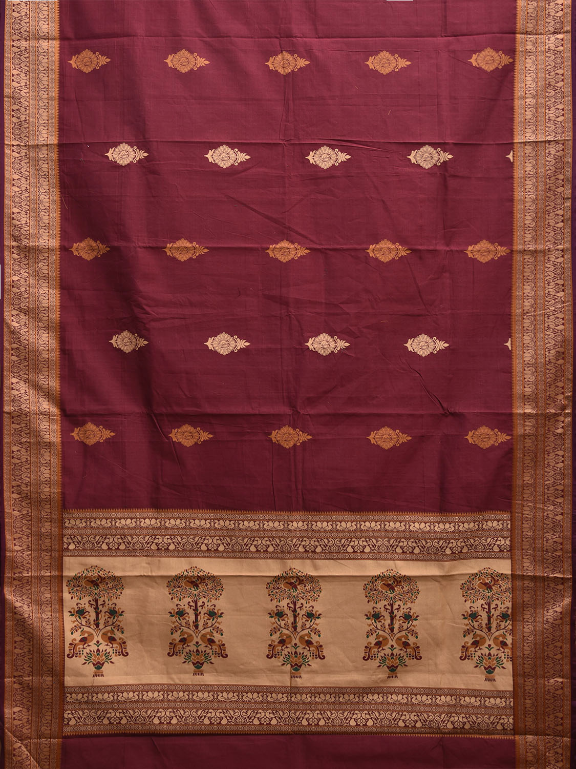 Maroon Kanchipuram Cotton Saree with Buta and Peacocks Pallu Design k0947