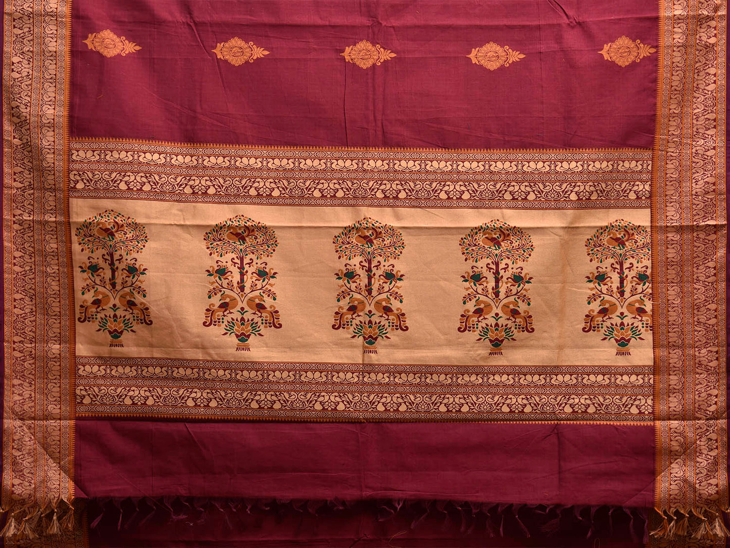 Maroon Kanchipuram Cotton Saree with Buta and Peacocks Pallu Design k0947
