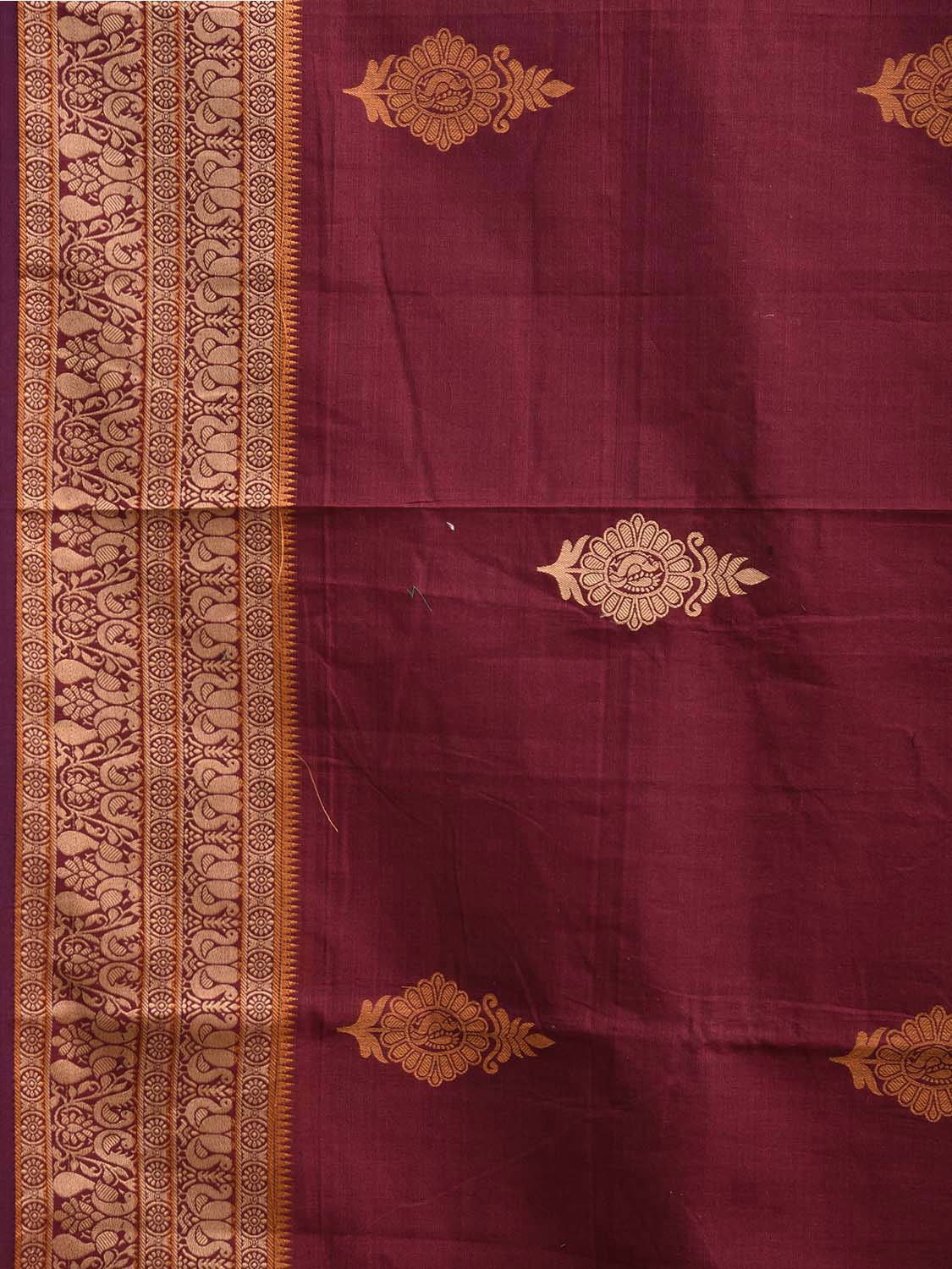Maroon Kanchipuram Cotton Saree with Buta and Peacocks Pallu Design k0947