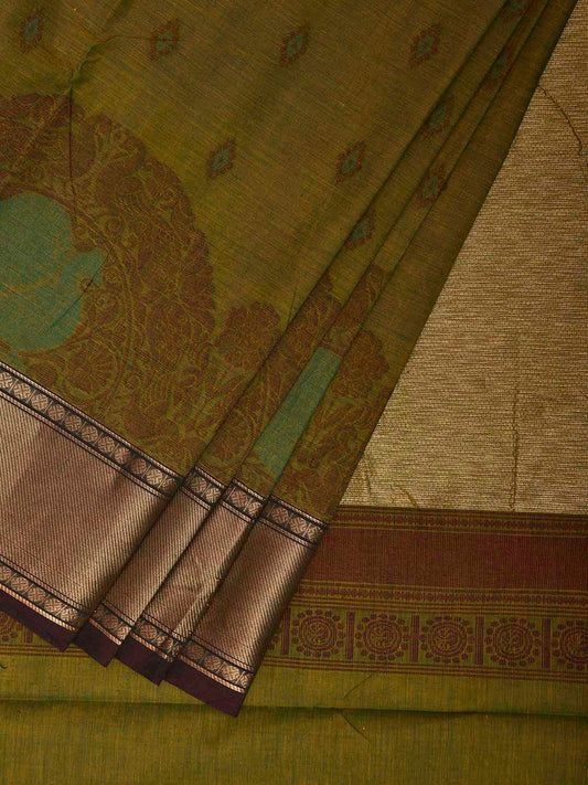 Green Kanchipuram Cotton Saree with One Side Peacock Border Design k0948