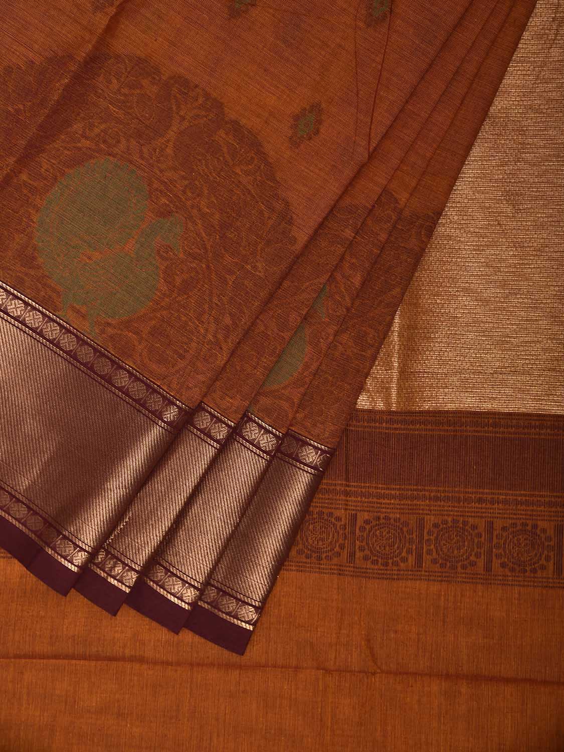 Orange Kanchipuram Cotton Saree with One Side Peacock Border Design k0949