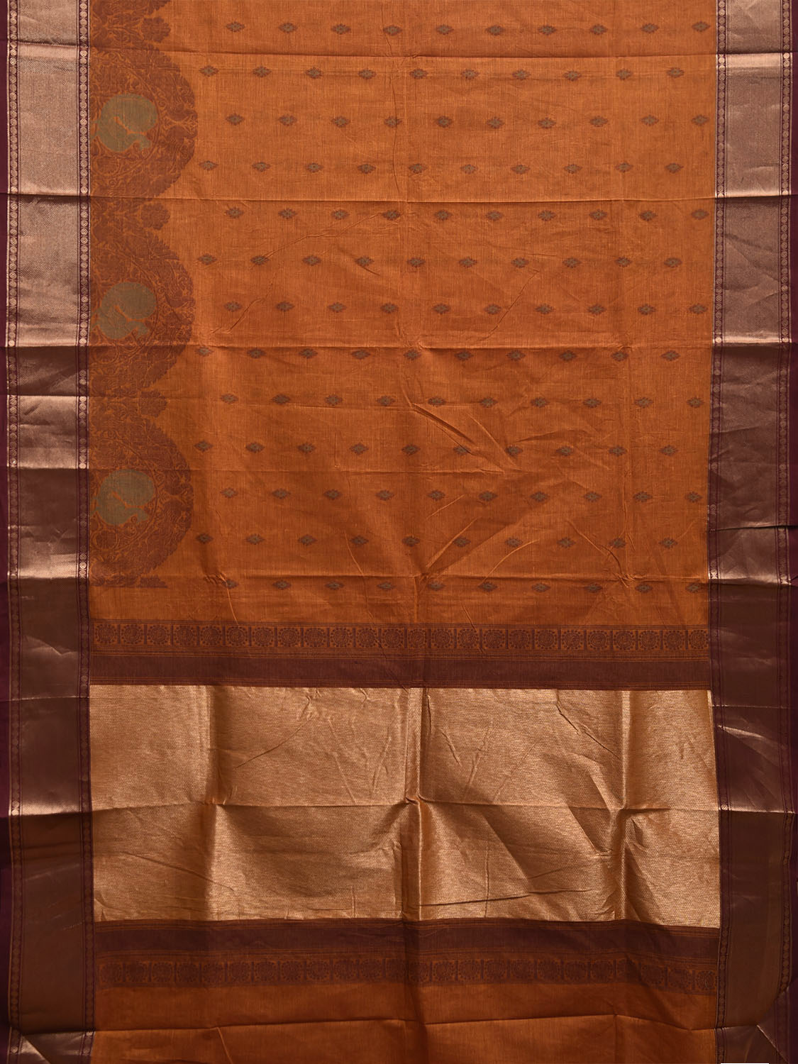 Orange Kanchipuram Cotton Saree with One Side Peacock Border Design k0949