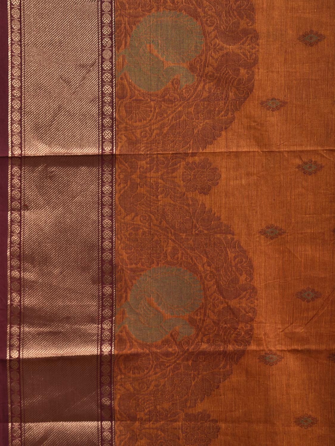 Orange Kanchipuram Cotton Saree with One Side Peacock Border Design k0949