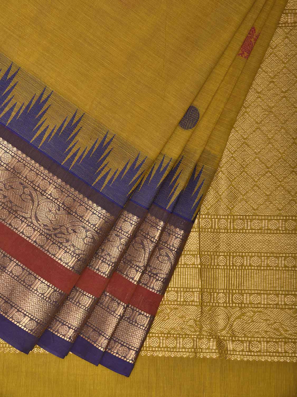 Yellow Kanchipuram Cotton Saree with Buta and Temple Border Design k0950