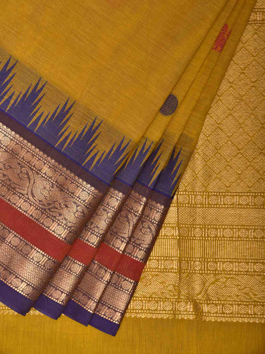 Yellow Kanchipuram Cotton Saree with Buta and Temple Border Design k0950