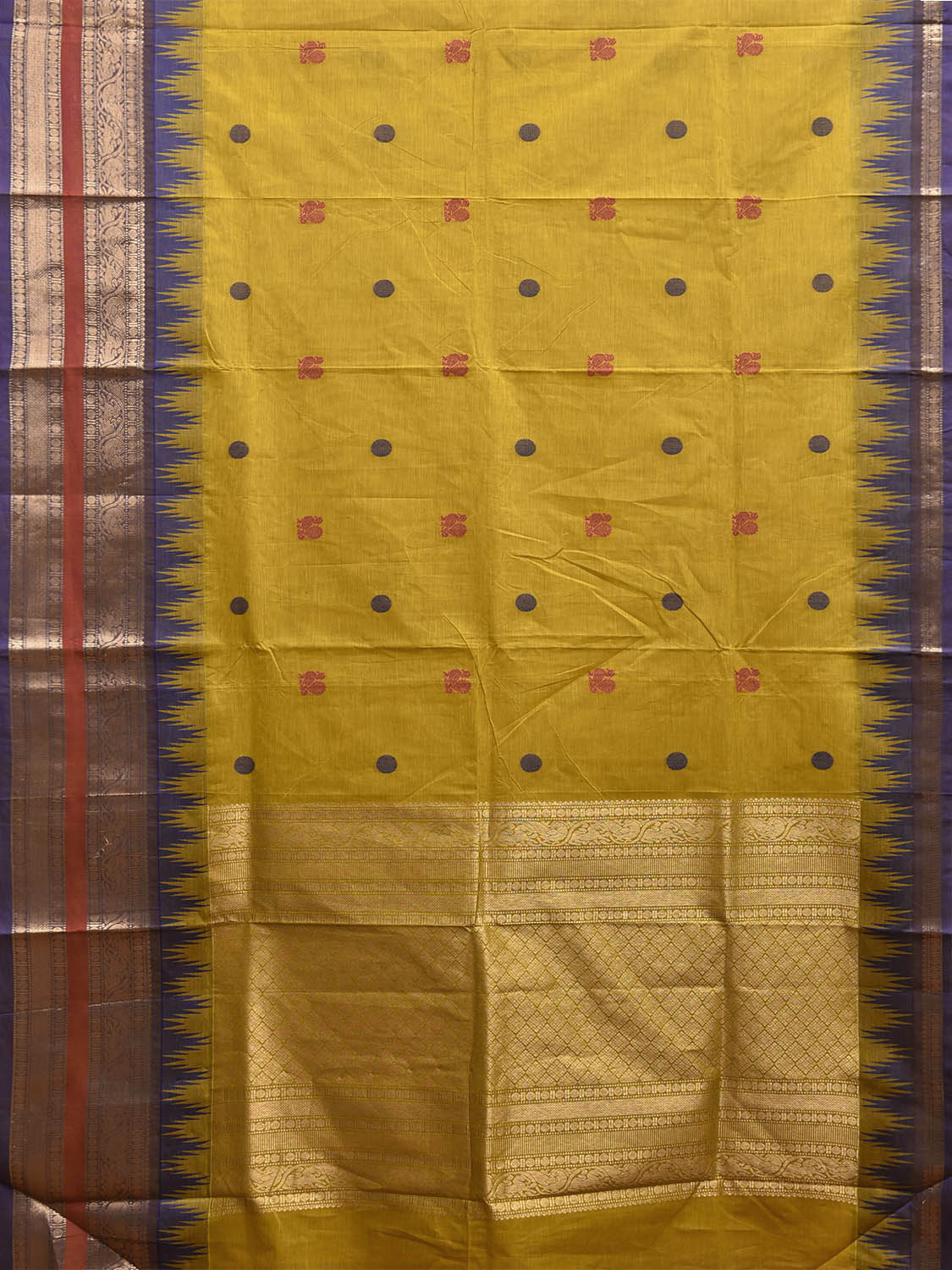 Yellow Kanchipuram Cotton Saree with Buta and Temple Border Design k0950