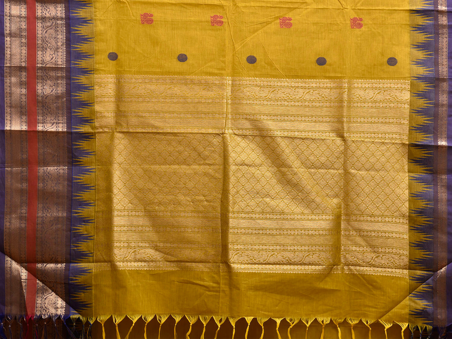 Yellow Kanchipuram Cotton Saree with Buta and Temple Border Design k0950