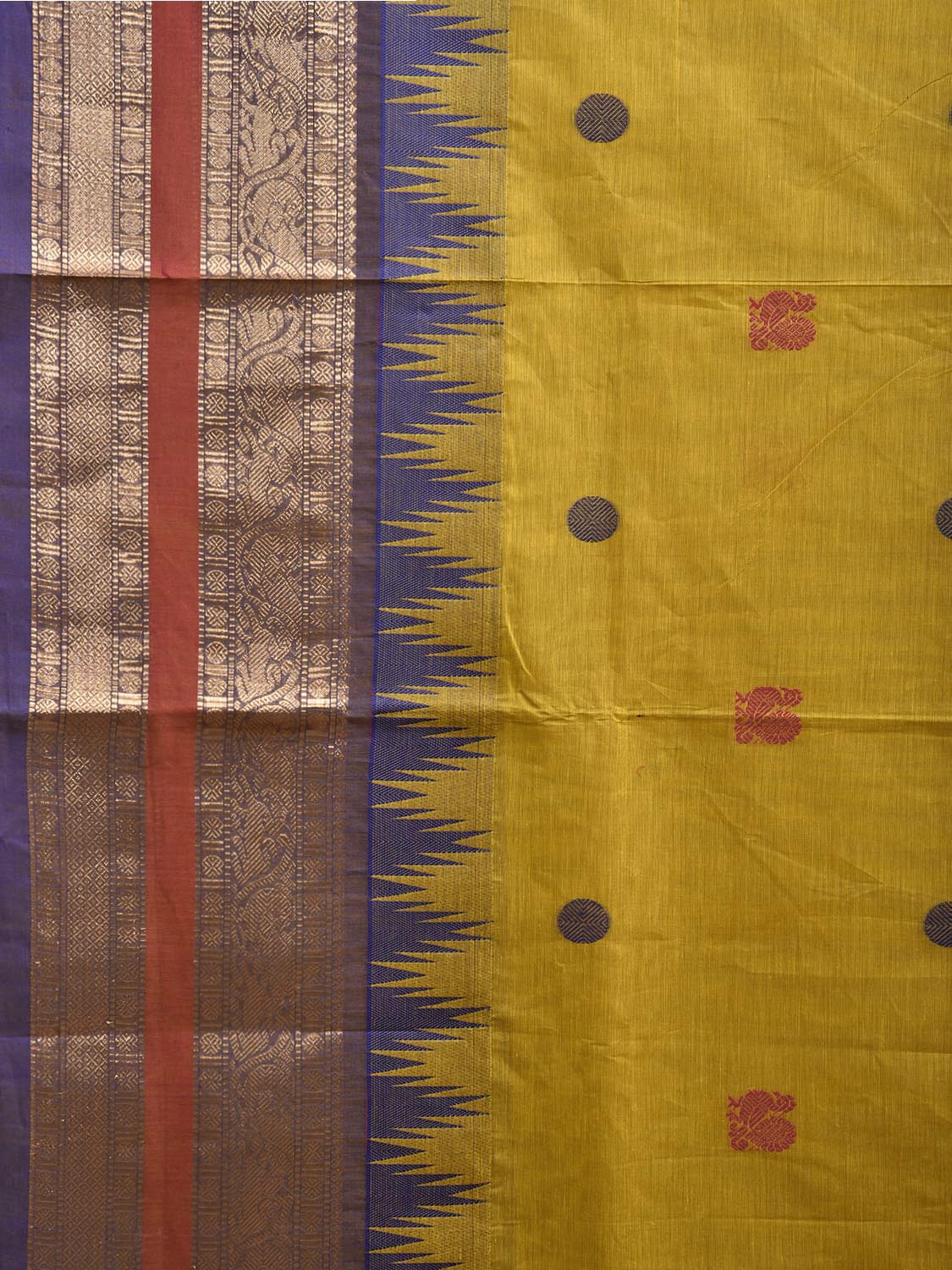 Yellow Kanchipuram Cotton Saree with Buta and Temple Border Design k0950