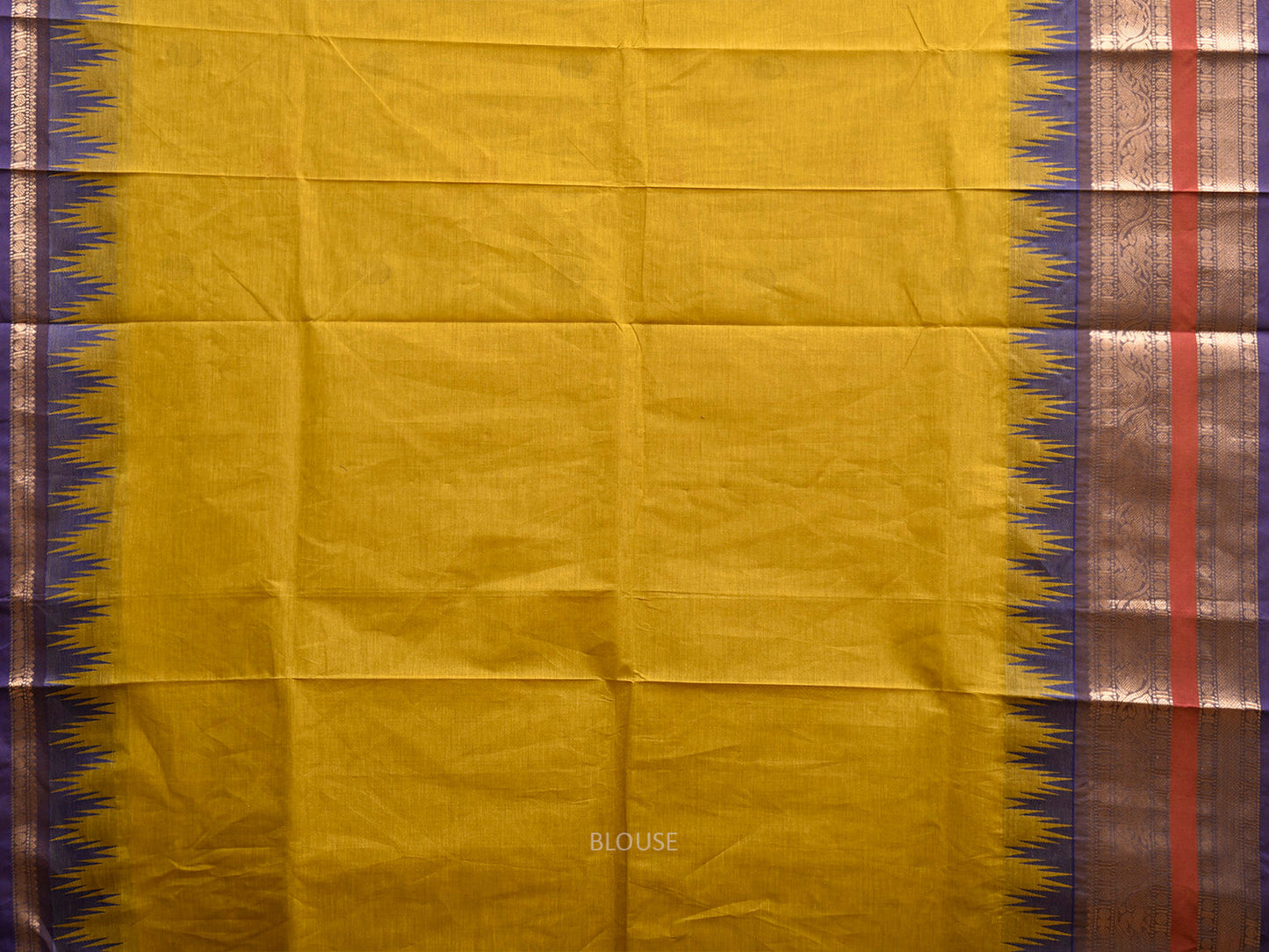 Yellow Kanchipuram Cotton Saree with Buta and Temple Border Design k0950