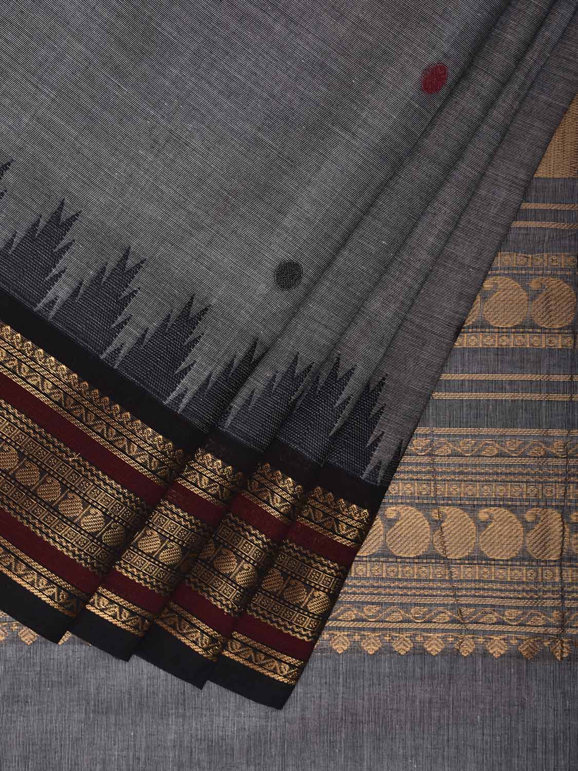 Grey Kanchipuram Cotton Saree with Buta and Temple Border Design k0951