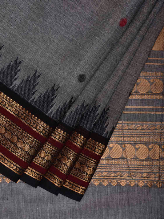 Grey Kanchipuram Cotton Saree with Buta and Temple Border Design k0951