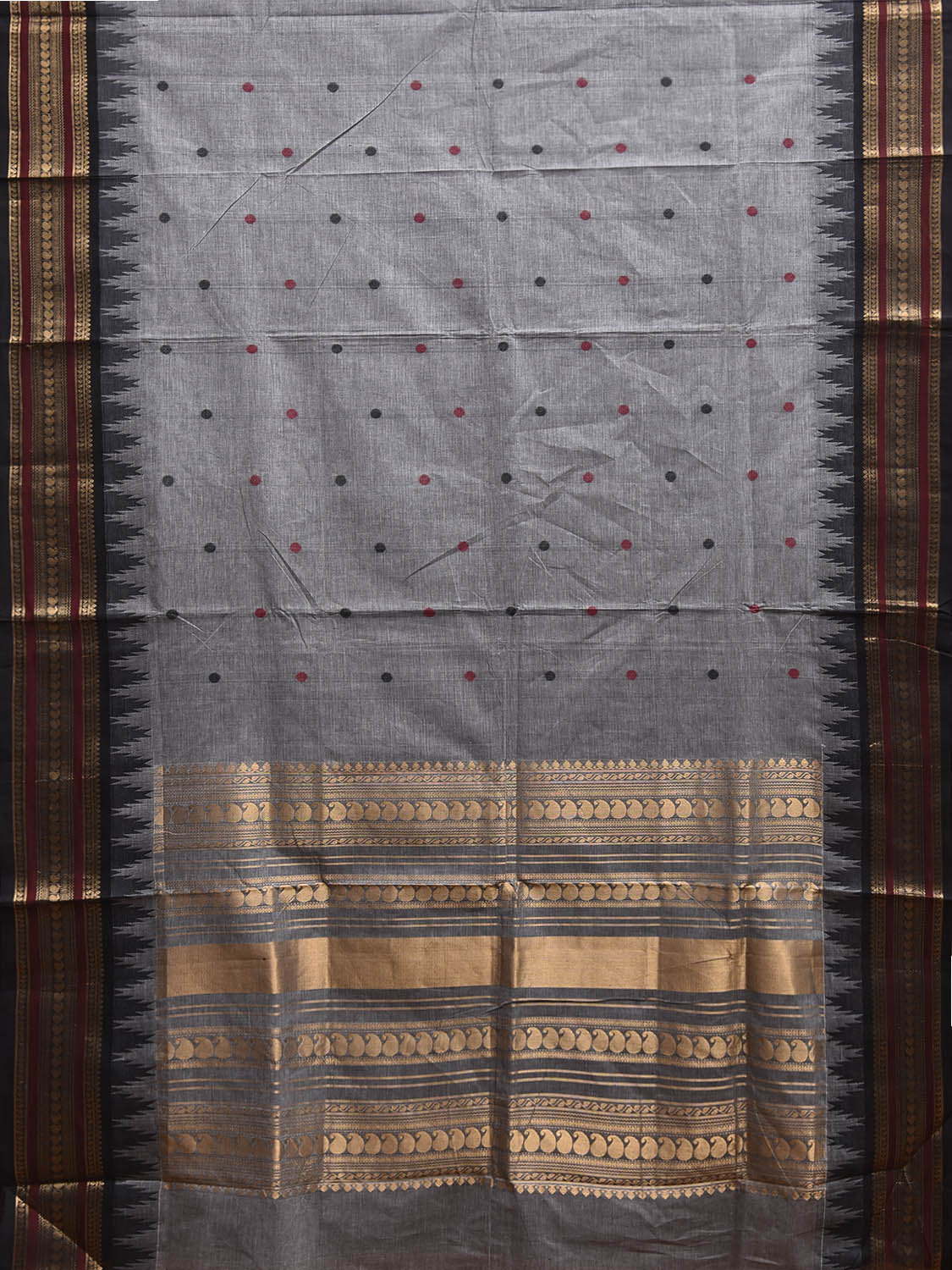 Grey Kanchipuram Cotton Saree with Buta and Temple Border Design k0951
