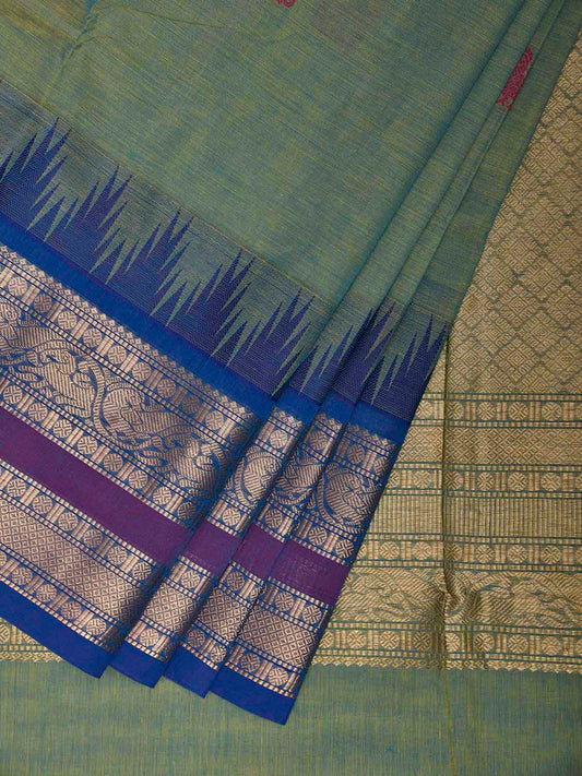 Sea Green Kanchipuram Cotton Saree with Buta and Temple Border Design k0952