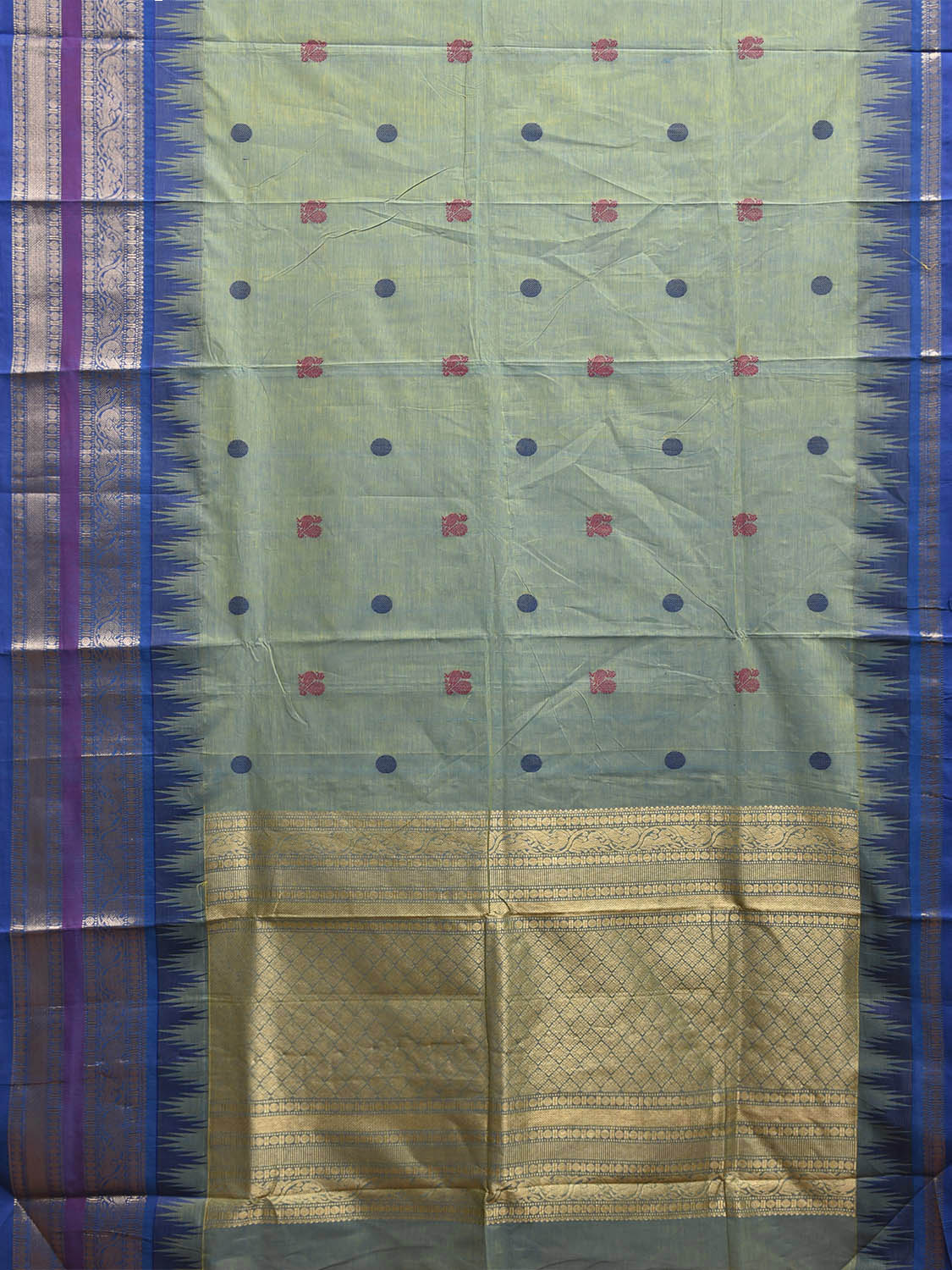 Sea Green Kanchipuram Cotton Saree with Buta and Temple Border Design k0952