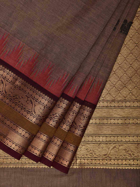 Khaki Kanchipuram Cotton Saree with Buta and Temple Border Design k0953