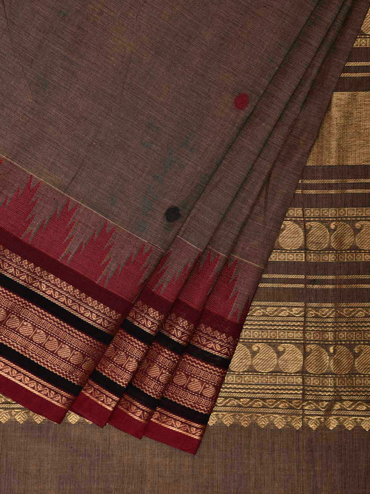 Khaki Kanchipuram Cotton Saree with Buta and Temple Border Design k0955