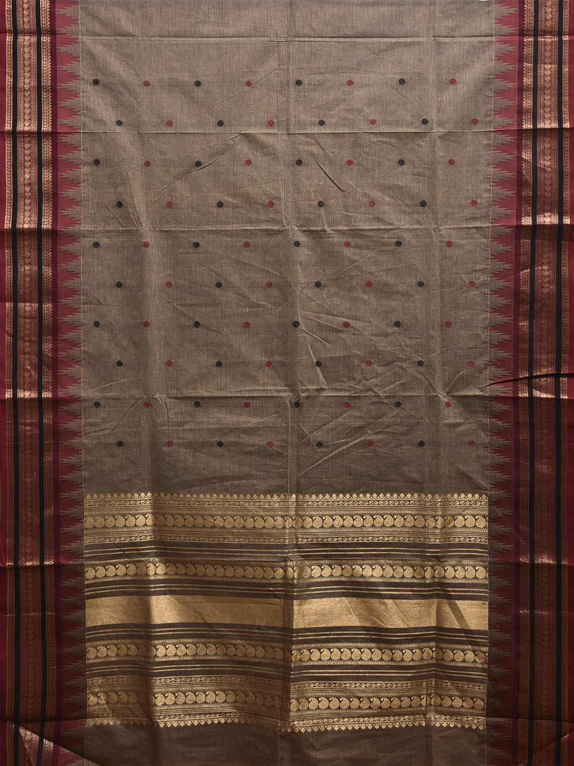 Khaki Kanchipuram Cotton Saree with Buta and Temple Border Design k0955
