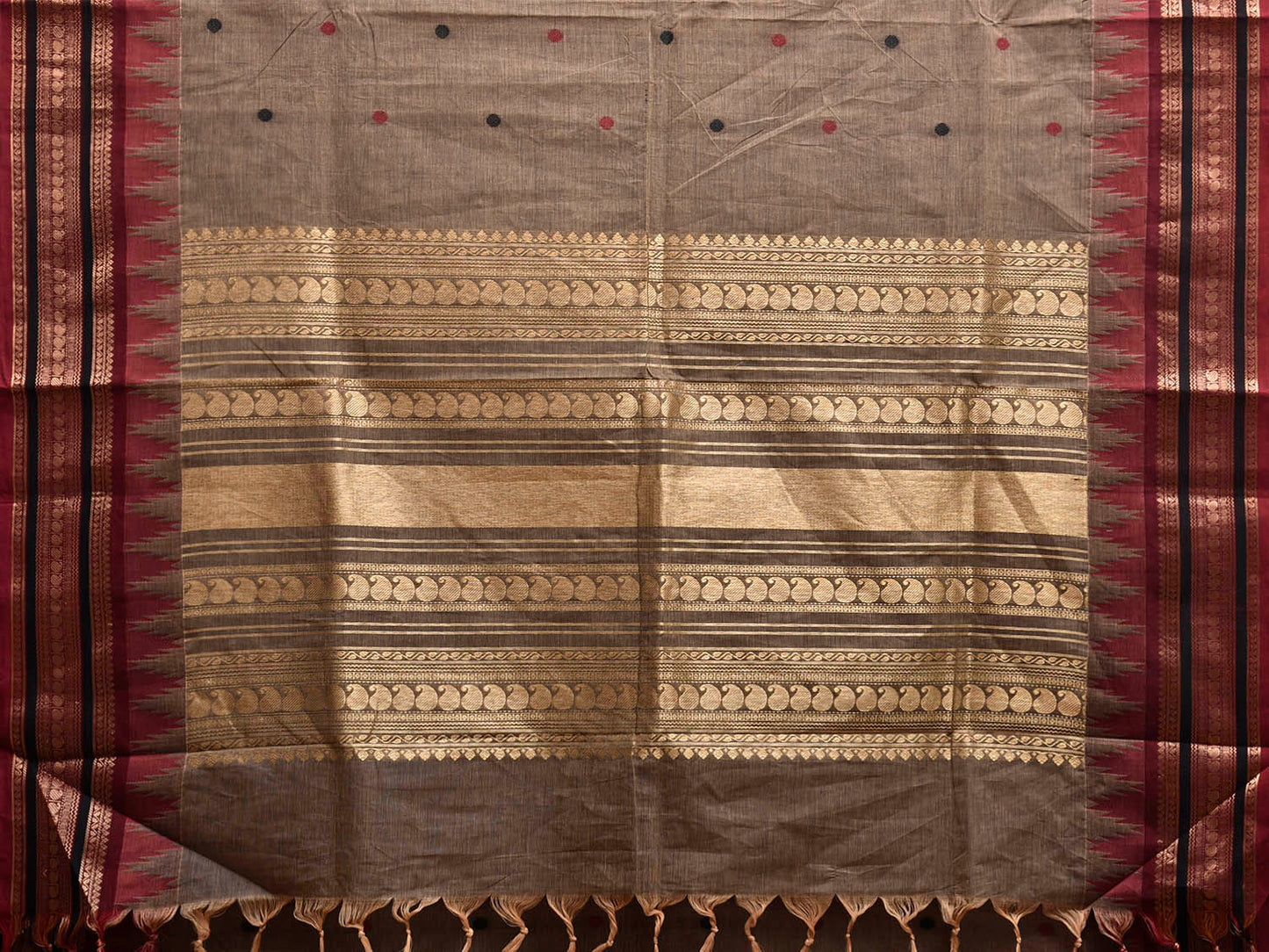 Khaki Kanchipuram Cotton Saree with Buta and Temple Border Design k0955
