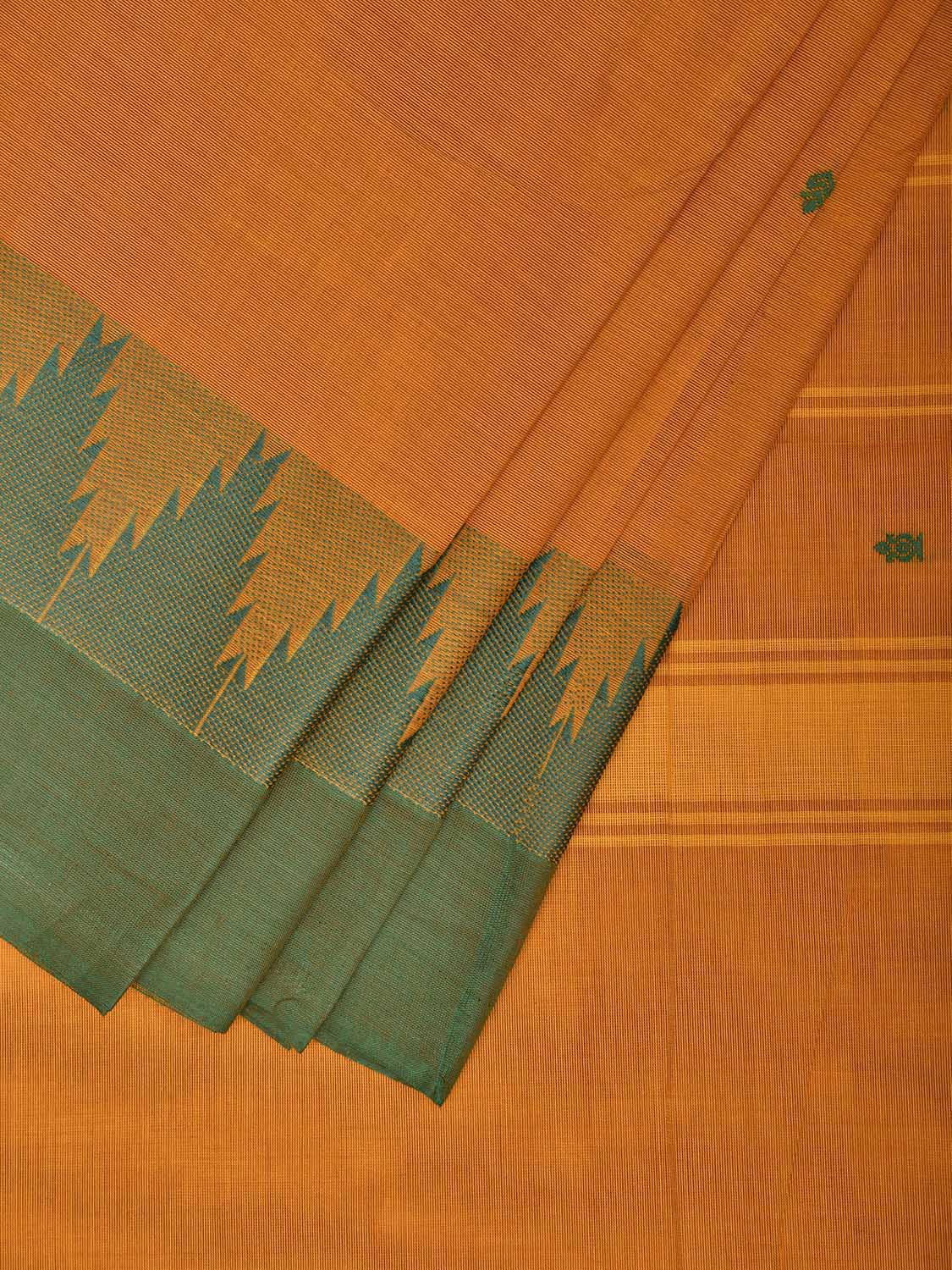 Orange and Green Kanchipuram Cotton Saree with Big Temple Border Design k0956