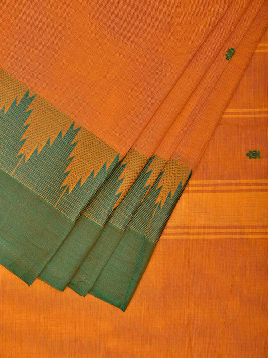 Orange and Green Kanchipuram Cotton Saree with Big Temple Border Design k0956