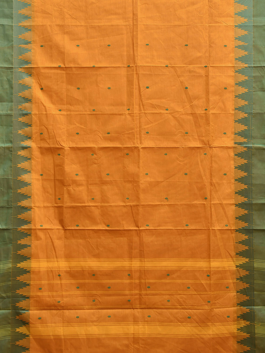 Orange and Green Kanchipuram Cotton Saree with Big Temple Border Design k0956