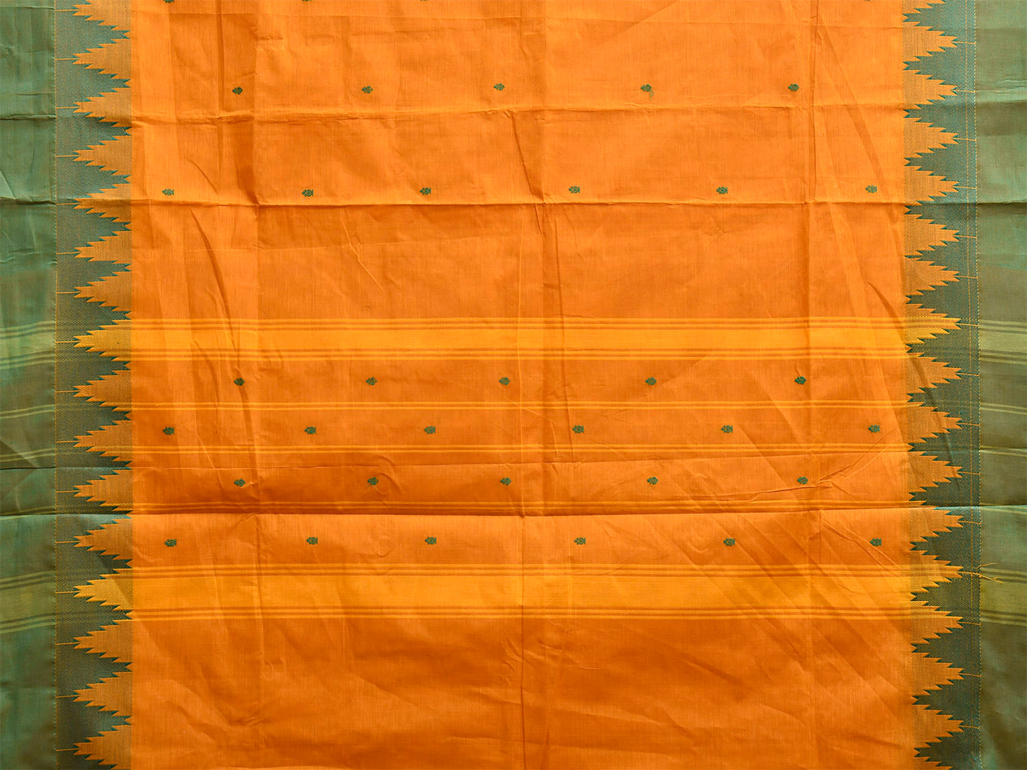 Orange and Green Kanchipuram Cotton Saree with Big Temple Border Design k0956