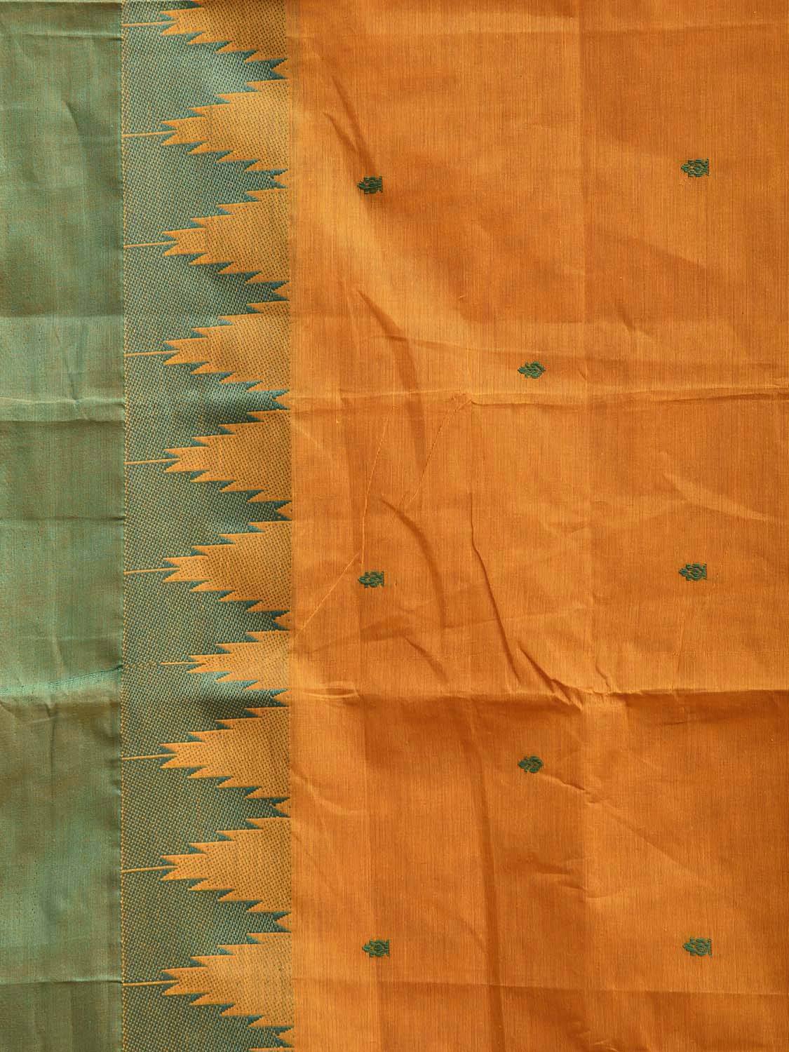 Orange and Green Kanchipuram Cotton Saree with Big Temple Border Design k0956
