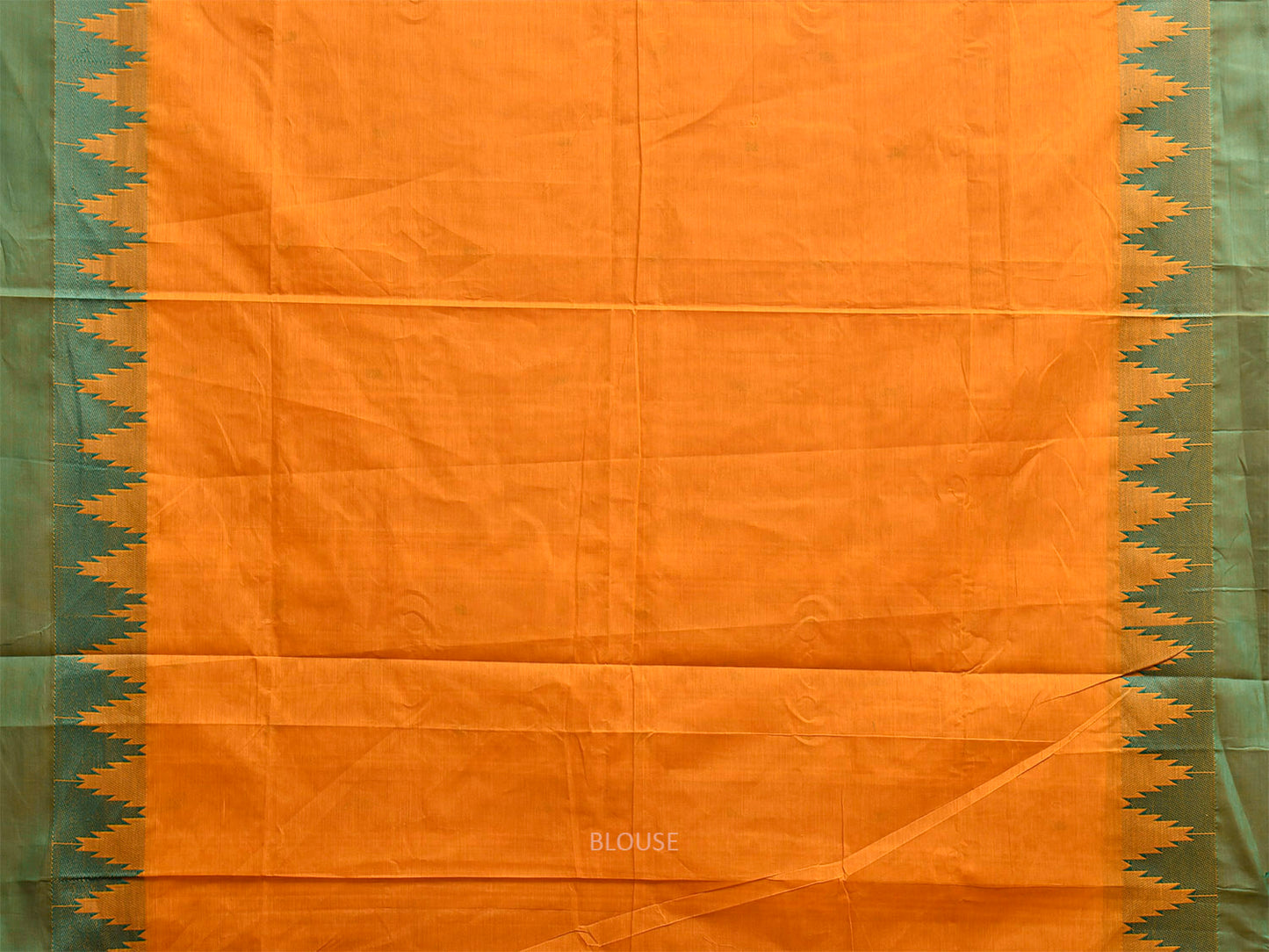 Orange and Green Kanchipuram Cotton Saree with Big Temple Border Design k0956