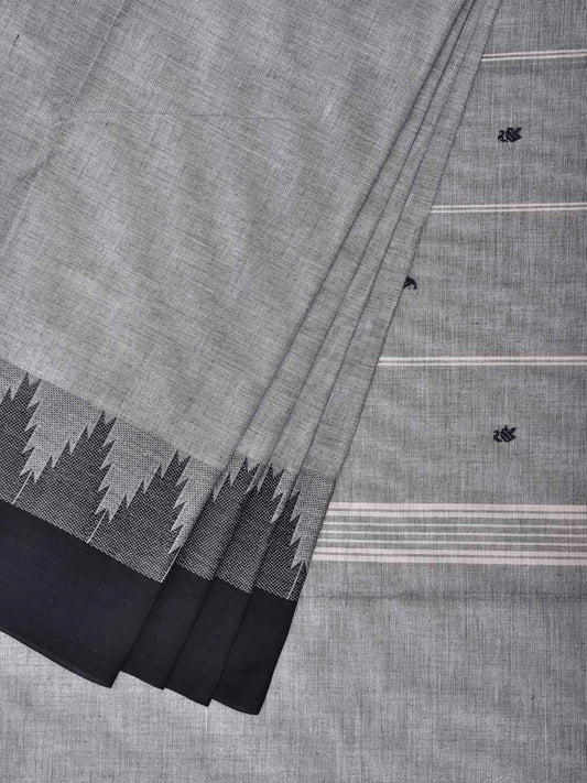 Grey and Black Kanchipuram Cotton Saree with Big Temple Border Design k0957