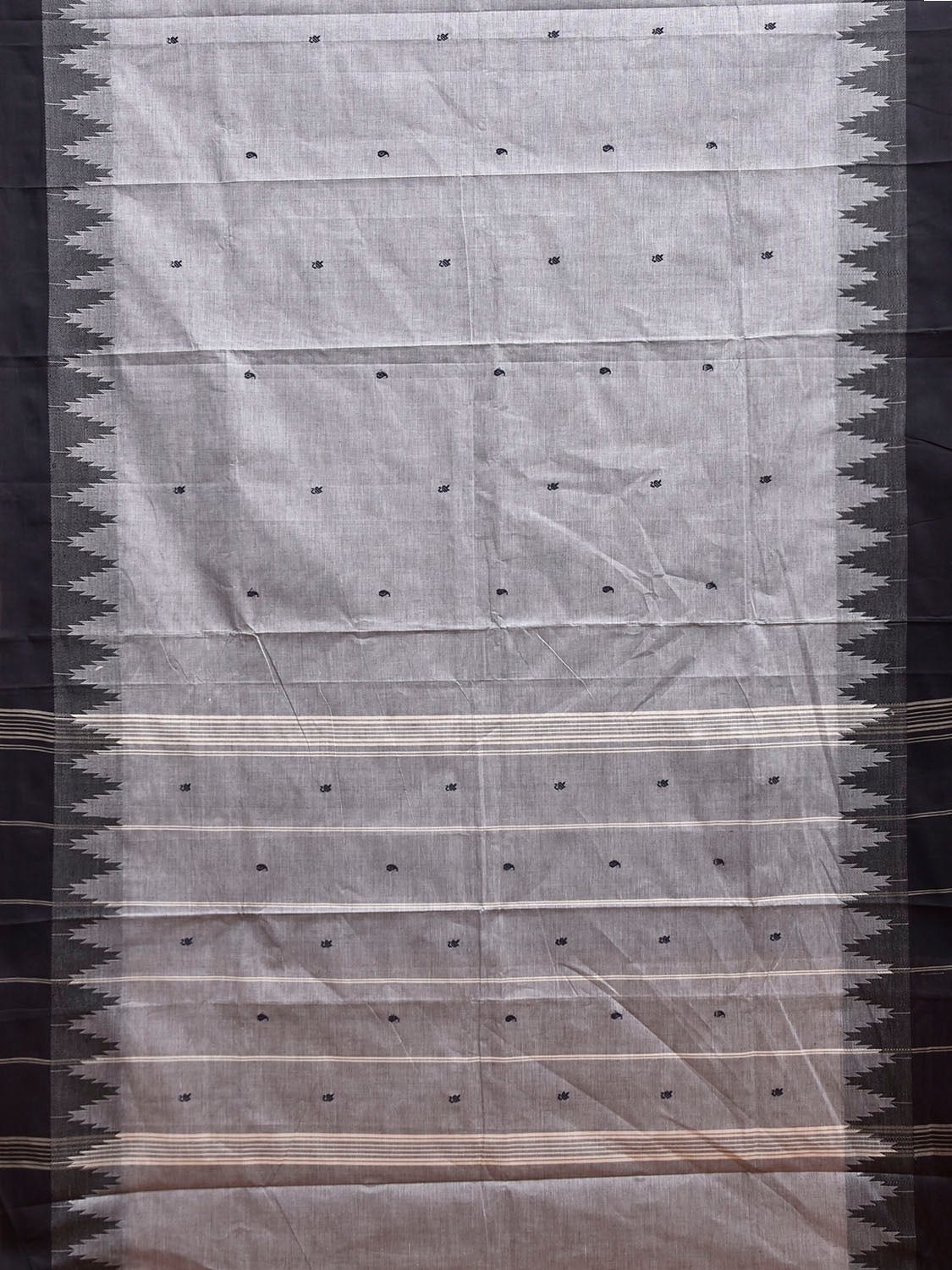 Grey and Black Kanchipuram Cotton Saree with Big Temple Border Design k0957