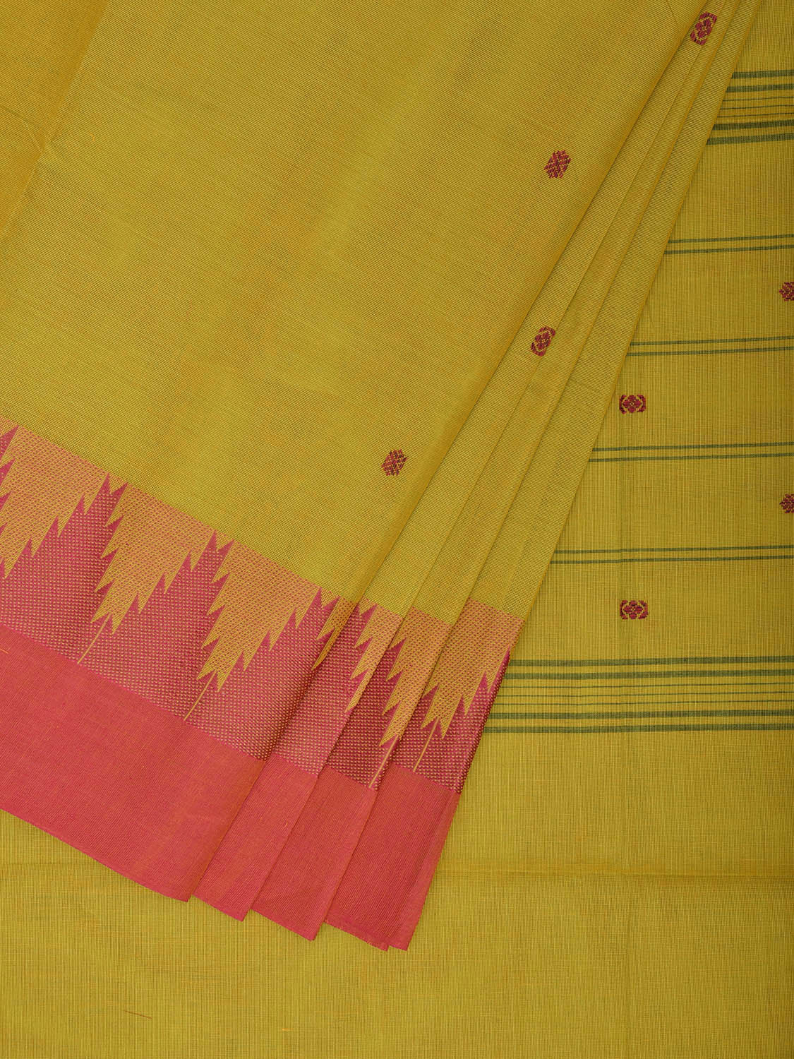 Light Green and Peach Kanchipuram Cotton Saree with Big Temple Border Design k0958