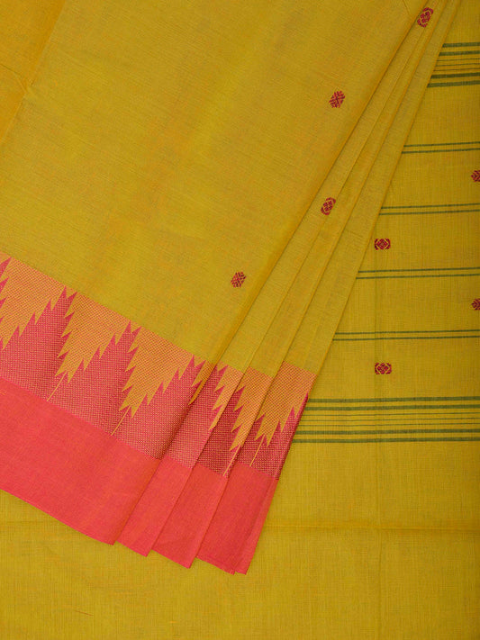 Light Green and Peach Kanchipuram Cotton Saree with Big Temple Border Design k0958